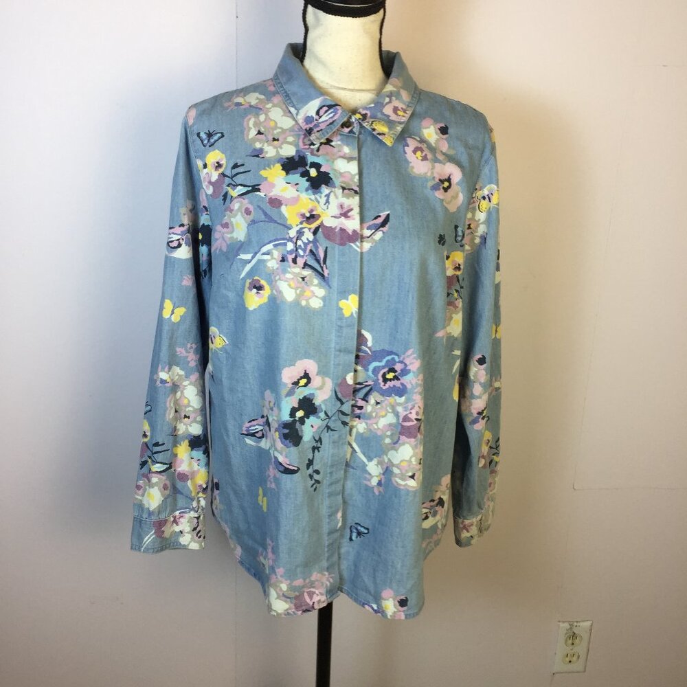 Vtg Christopher & Banks Jean Denim Shirt PL Womans Petite Blue Floral Chambray